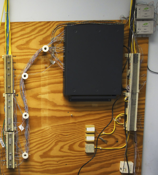 Telephone PBX and wiring Photo of telephone PBX chassis and wiring